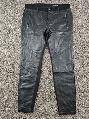 DKNY Womens Sz 12 Skinny Leg Faux Leather Moto Pants Black w/ Zipper Pockets